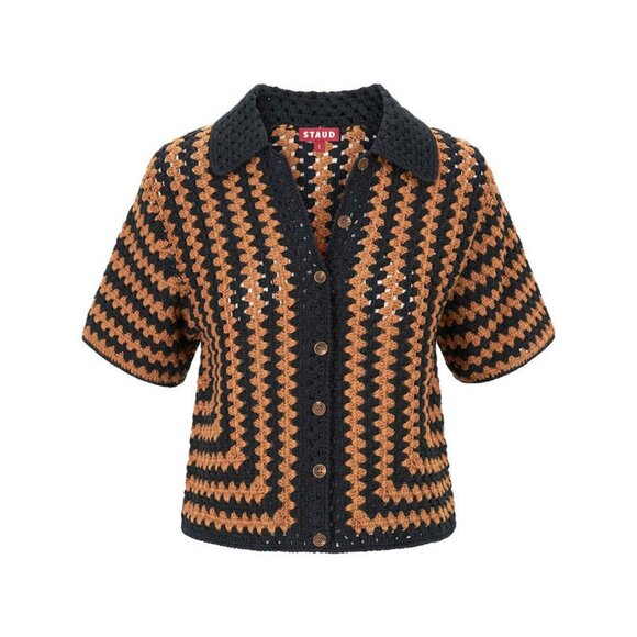 New Staud MABEL Black & Tan Knit Sweater Top Sz S Short Sleeve Seashore Stripe - Picture 2 of 4